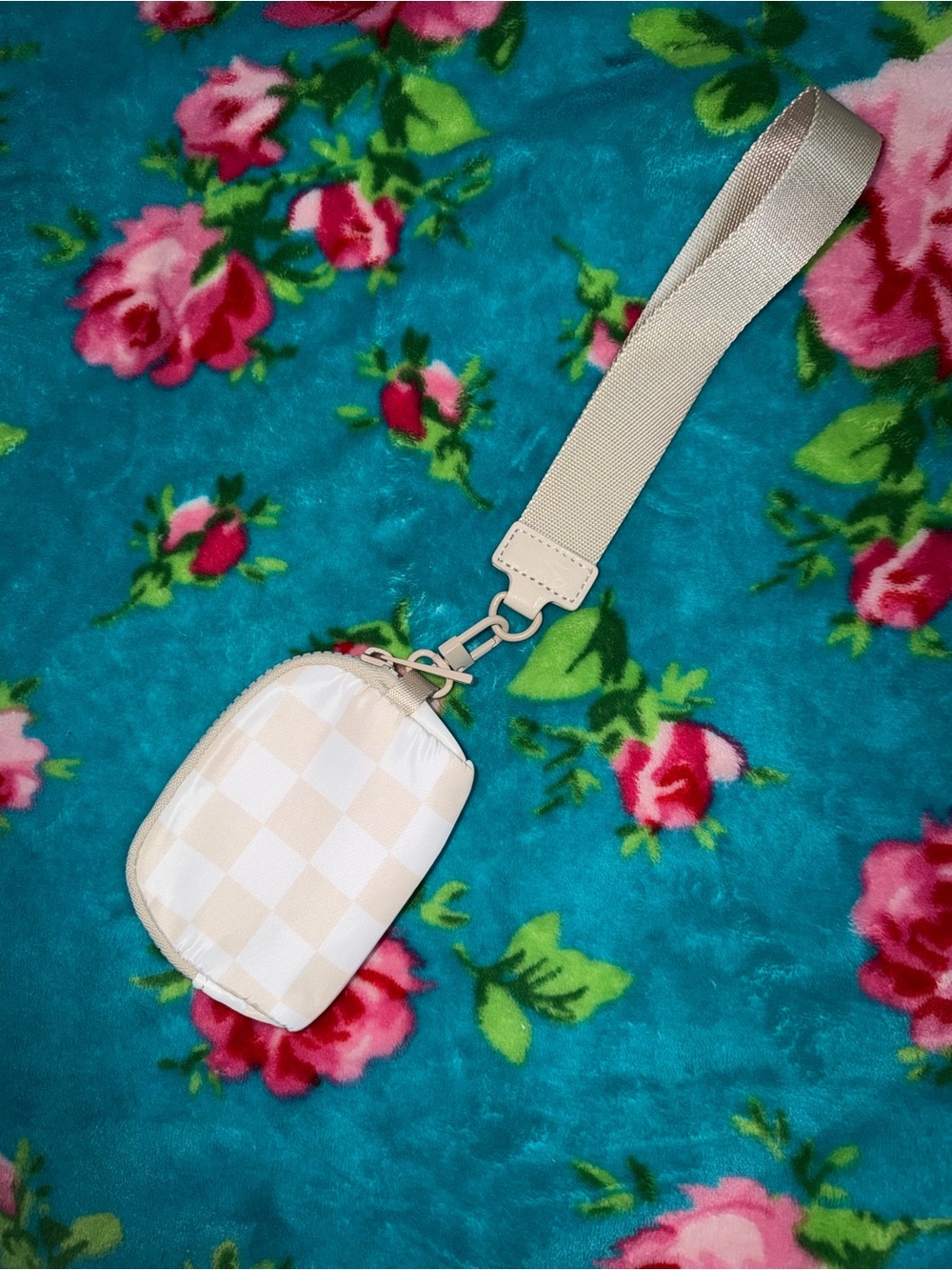 Beige Checkered Mini Wristlet Pouch